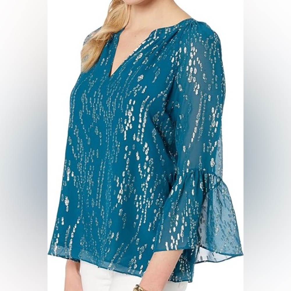Lilly Pulitzer MATILDA SILK TOP Inky Tidal FISH GOLD Clip Chiffon Size XS